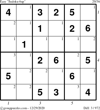 The grouppuzzles.com Easy Sudoku-6up puzzle for Tuesday December 29, 2020 with all 3 steps marked