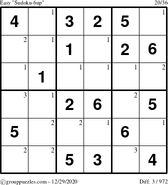 The grouppuzzles.com Easy Sudoku-6up puzzle for Tuesday December 29, 2020 with the first 3 steps marked