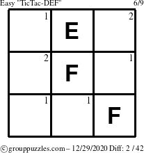 The grouppuzzles.com Easy TicTac-DEF puzzle for Tuesday December 29, 2020 with the first 2 steps marked