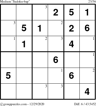 The grouppuzzles.com Medium Sudoku-6up puzzle for Tuesday December 29, 2020 with the first 3 steps marked