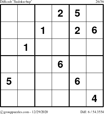 The grouppuzzles.com Difficult Sudoku-6up puzzle for Tuesday December 29, 2020