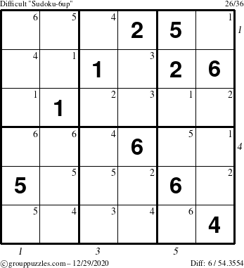 The grouppuzzles.com Difficult Sudoku-6up puzzle for Tuesday December 29, 2020 with all 6 steps marked