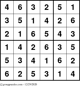 The grouppuzzles.com Answer grid for the Sudoku-6up puzzle for Tuesday December 29, 2020