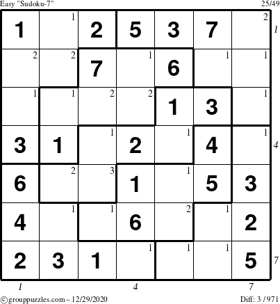 The grouppuzzles.com Easy Sudoku-7 puzzle for Tuesday December 29, 2020 with all 3 steps marked