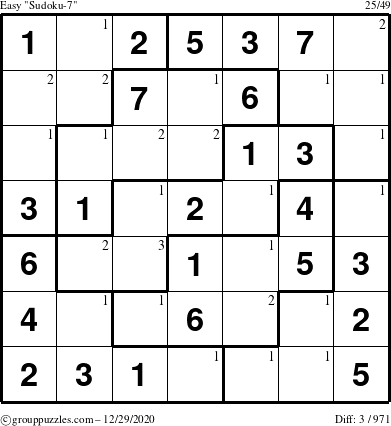 The grouppuzzles.com Easy Sudoku-7 puzzle for Tuesday December 29, 2020 with the first 3 steps marked