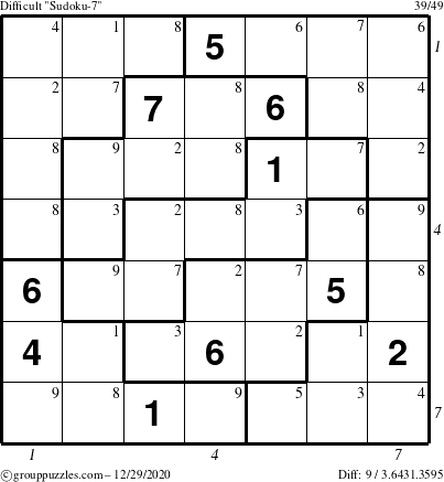 The grouppuzzles.com Difficult Sudoku-7 puzzle for Tuesday December 29, 2020, suitable for printing, with all 9 steps marked