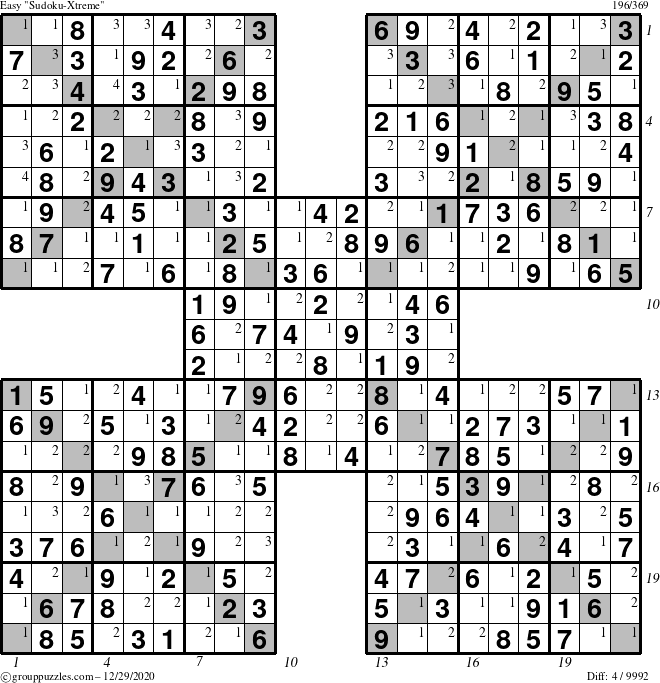 The grouppuzzles.com Easy Sudoku-Xtreme puzzle for Tuesday December 29, 2020 with all 4 steps marked