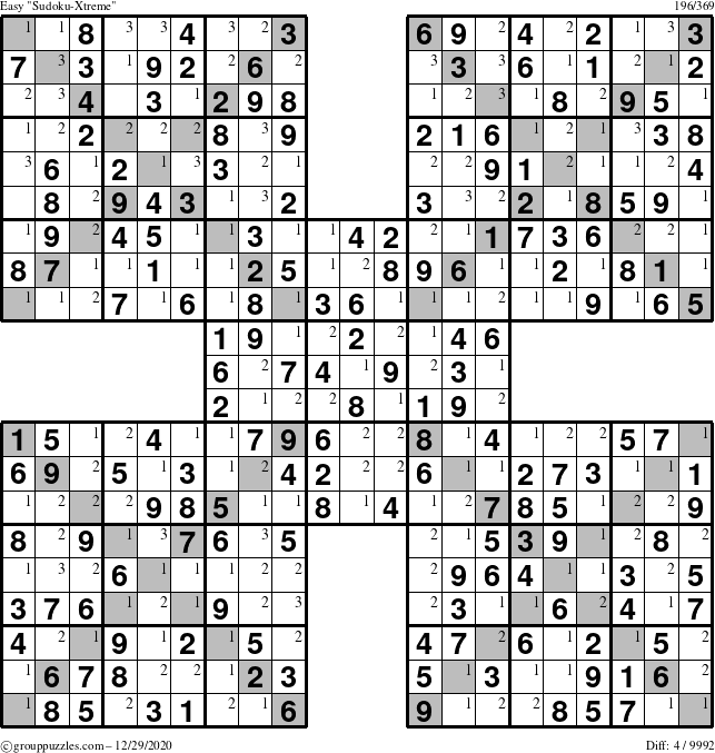 The grouppuzzles.com Easy Sudoku-Xtreme puzzle for Tuesday December 29, 2020 with the first 3 steps marked