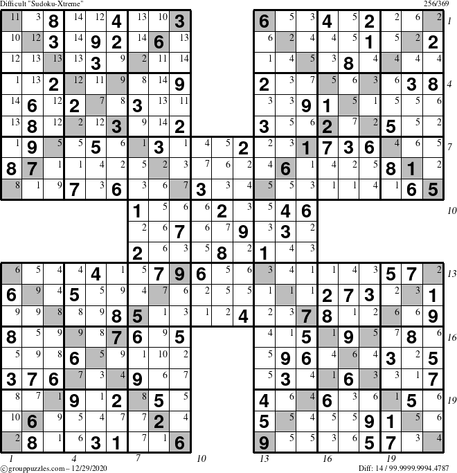 The grouppuzzles.com Difficult Sudoku-Xtreme puzzle for Tuesday December 29, 2020 with all 14 steps marked