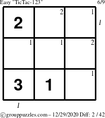 The grouppuzzles.com Easy TicTac-123 puzzle for Tuesday December 29, 2020 with all 2 steps marked