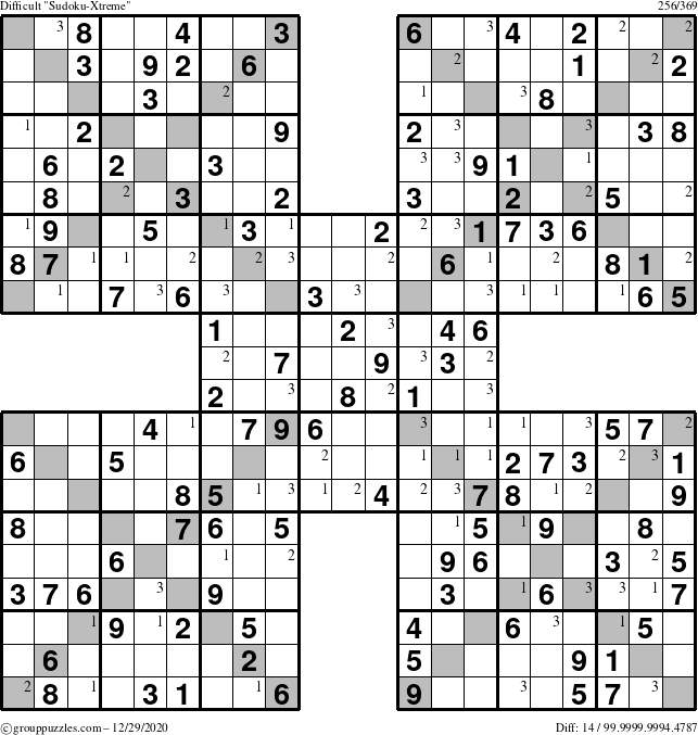 The grouppuzzles.com Difficult Sudoku-Xtreme puzzle for Tuesday December 29, 2020 with the first 3 steps marked