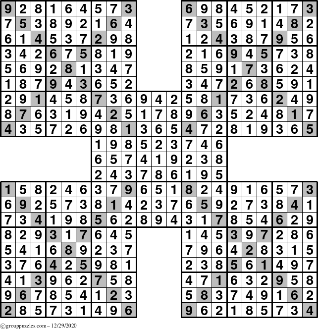 The grouppuzzles.com Answer grid for the Sudoku-Xtreme puzzle for Tuesday December 29, 2020