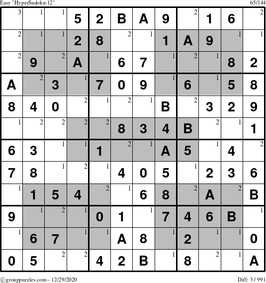 The grouppuzzles.com Easy HyperSudoku-12 puzzle for Tuesday December 29, 2020 with the first 3 steps marked