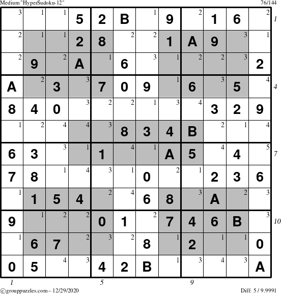 The grouppuzzles.com Medium HyperSudoku-12 puzzle for Tuesday December 29, 2020 with all 5 steps marked