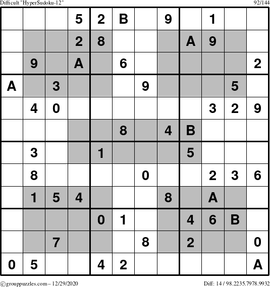 The grouppuzzles.com Difficult HyperSudoku-12 puzzle for Tuesday December 29, 2020