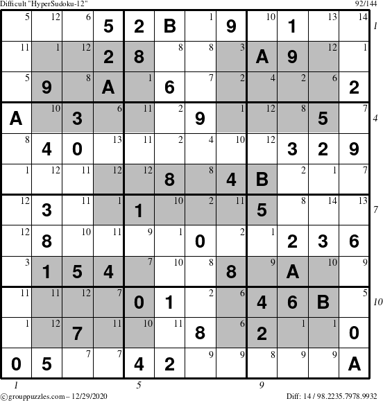 The grouppuzzles.com Difficult HyperSudoku-12 puzzle for Tuesday December 29, 2020, suitable for printing, with all 14 steps marked