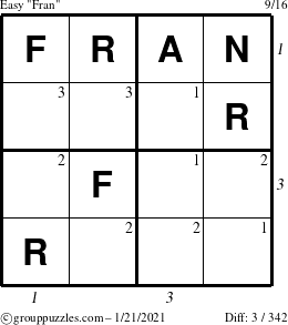 The grouppuzzles.com Easy Fran puzzle for Thursday January 21, 2021, suitable for printing, with all 3 steps marked