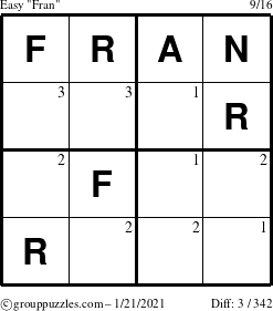 The grouppuzzles.com Easy Fran puzzle for Thursday January 21, 2021 with the first 3 steps marked