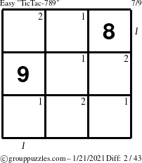 The grouppuzzles.com Easy TicTac-789 puzzle for Thursday January 21, 2021 with all 2 steps marked