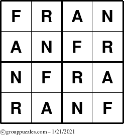 The grouppuzzles.com Answer grid for the Fran puzzle for Thursday January 21, 2021