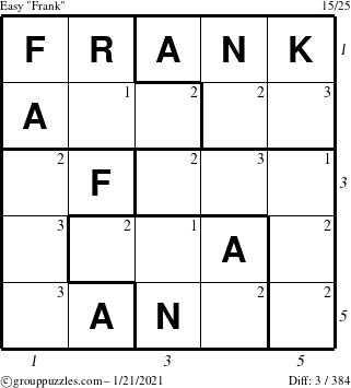 The grouppuzzles.com Easy Frank puzzle for Thursday January 21, 2021, suitable for printing, with all 3 steps marked