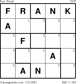 The grouppuzzles.com Easy Frank puzzle for Thursday January 21, 2021 with the first 3 steps marked