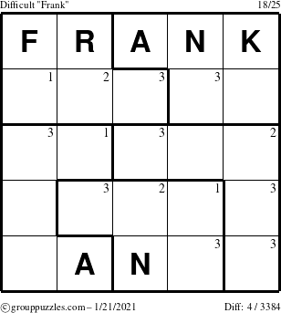 The grouppuzzles.com Difficult Frank puzzle for Thursday January 21, 2021 with the first 3 steps marked