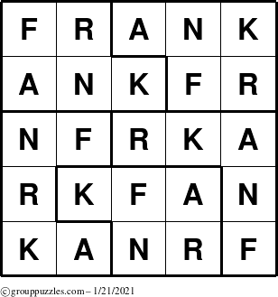 The grouppuzzles.com Answer grid for the Frank puzzle for Thursday January 21, 2021