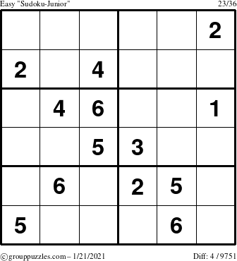 The grouppuzzles.com Easy Sudoku-Junior puzzle for Thursday January 21, 2021