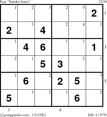 The grouppuzzles.com Easy Sudoku-Junior puzzle for Thursday January 21, 2021, suitable for printing, with all 4 steps marked