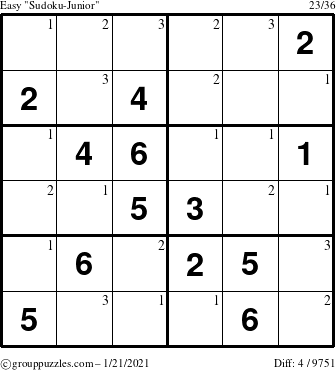 The grouppuzzles.com Easy Sudoku-Junior puzzle for Thursday January 21, 2021 with the first 3 steps marked