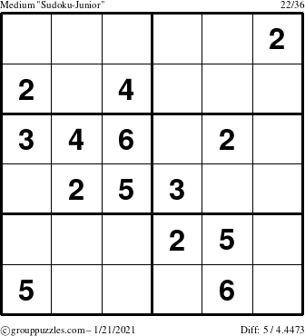 The grouppuzzles.com Medium Sudoku-Junior puzzle for Thursday January 21, 2021