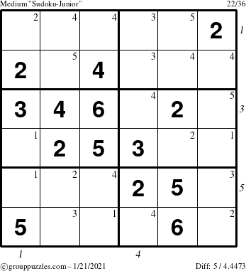 The grouppuzzles.com Medium Sudoku-Junior puzzle for Thursday January 21, 2021, suitable for printing, with all 5 steps marked