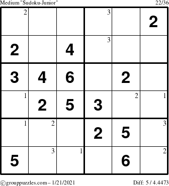 The grouppuzzles.com Medium Sudoku-Junior puzzle for Thursday January 21, 2021 with the first 3 steps marked