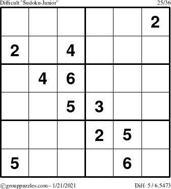 The grouppuzzles.com Difficult Sudoku-Junior puzzle for Thursday January 21, 2021