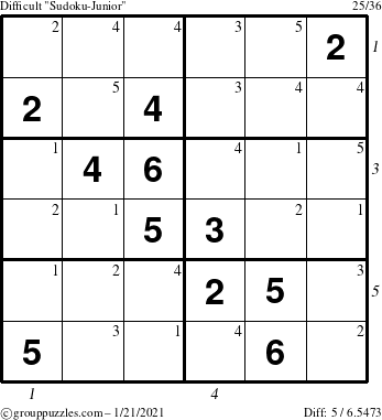 The grouppuzzles.com Difficult Sudoku-Junior puzzle for Thursday January 21, 2021 with all 5 steps marked