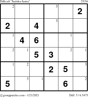 The grouppuzzles.com Difficult Sudoku-Junior puzzle for Thursday January 21, 2021 with the first 3 steps marked