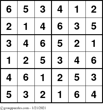 The grouppuzzles.com Answer grid for the Sudoku-Junior puzzle for Thursday January 21, 2021