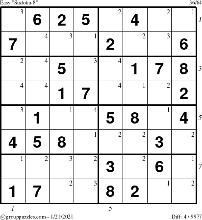 The grouppuzzles.com Easy Sudoku-8 puzzle for Thursday January 21, 2021 with all 4 steps marked