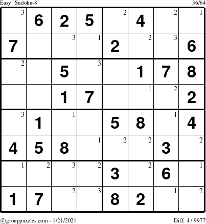 The grouppuzzles.com Easy Sudoku-8 puzzle for Thursday January 21, 2021 with the first 3 steps marked