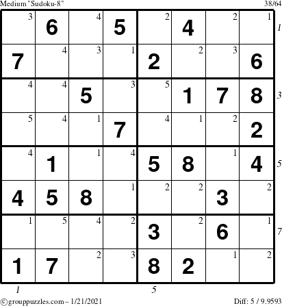 The grouppuzzles.com Medium Sudoku-8 puzzle for Thursday January 21, 2021 with all 5 steps marked