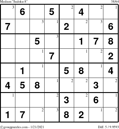 The grouppuzzles.com Medium Sudoku-8 puzzle for Thursday January 21, 2021 with the first 3 steps marked