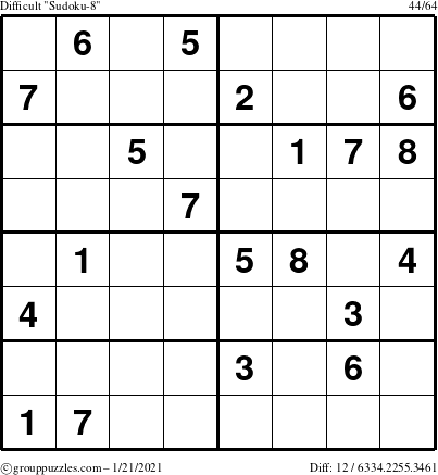 The grouppuzzles.com Difficult Sudoku-8 puzzle for Thursday January 21, 2021