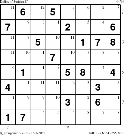 The grouppuzzles.com Difficult Sudoku-8 puzzle for Thursday January 21, 2021 with all 12 steps marked