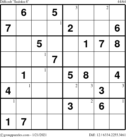 The grouppuzzles.com Difficult Sudoku-8 puzzle for Thursday January 21, 2021 with the first 3 steps marked