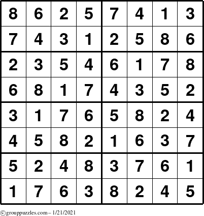 The grouppuzzles.com Answer grid for the Sudoku-8 puzzle for Thursday January 21, 2021