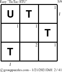 The grouppuzzles.com Easy TicTac-STU puzzle for Thursday January 21, 2021 with all 2 steps marked