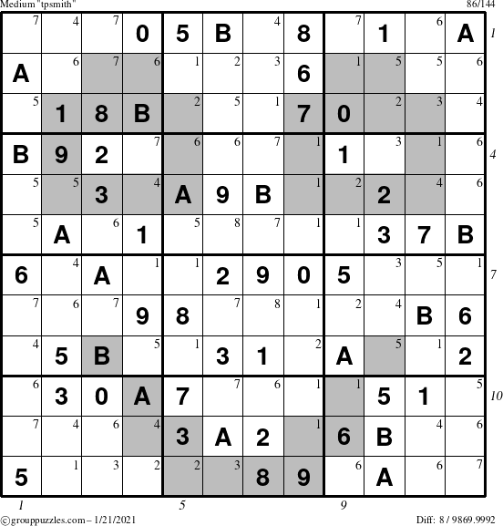 The grouppuzzles.com Medium tpsmith puzzle for Thursday January 21, 2021 with all 8 steps marked