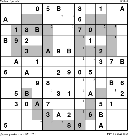 The grouppuzzles.com Medium tpsmith puzzle for Thursday January 21, 2021 with the first 3 steps marked