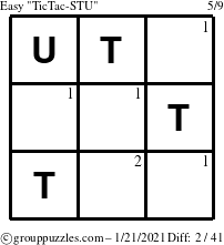 The grouppuzzles.com Easy TicTac-STU puzzle for Thursday January 21, 2021 with the first 2 steps marked